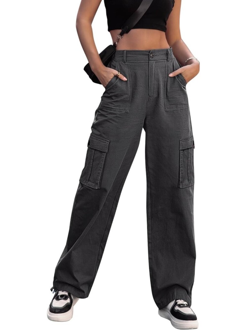 Women's Grey Combat Military 6 Pockets Wide Leg Casual High Waisted Cargo Pants